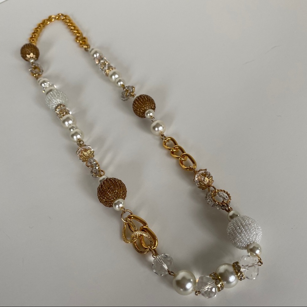 🌻 NEW Gold White Long Beaded Chunky Necklace